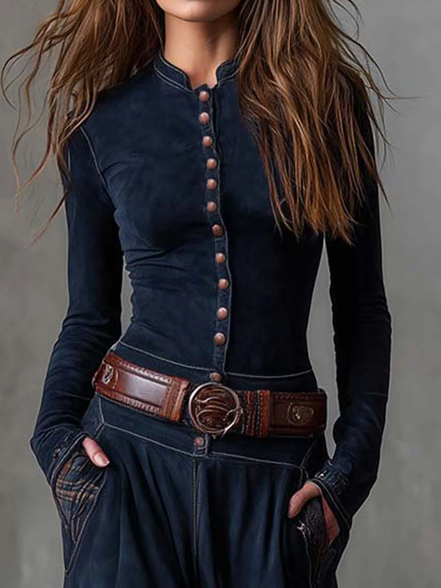 ALTURA™ | VESTITO LUNGO VINTAGE IN CAMOSCIO A QUADRI BLU NAVY (INCLUDE CINTURA)